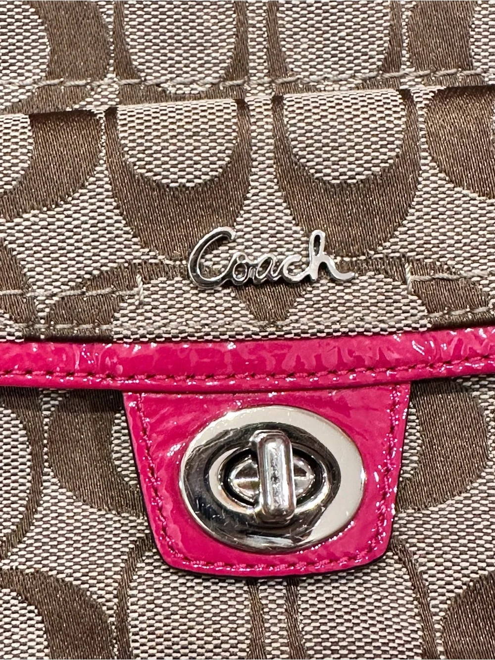 Coach Brown Signature Crossbody with Pink Trim and Strap